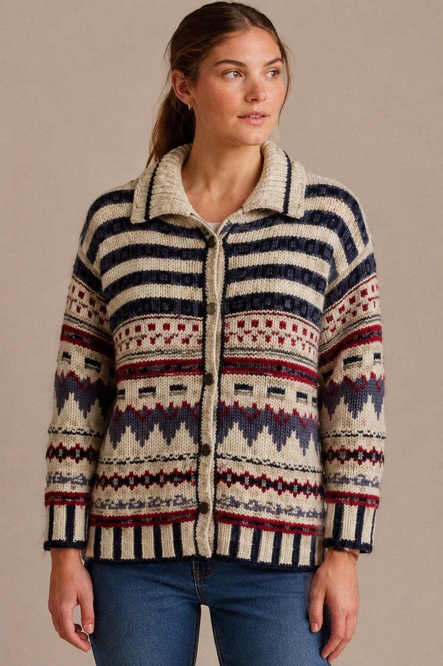 Eddie Bauer Legend Hand-Knit Fair Isle Nordic Cardigan Sweater